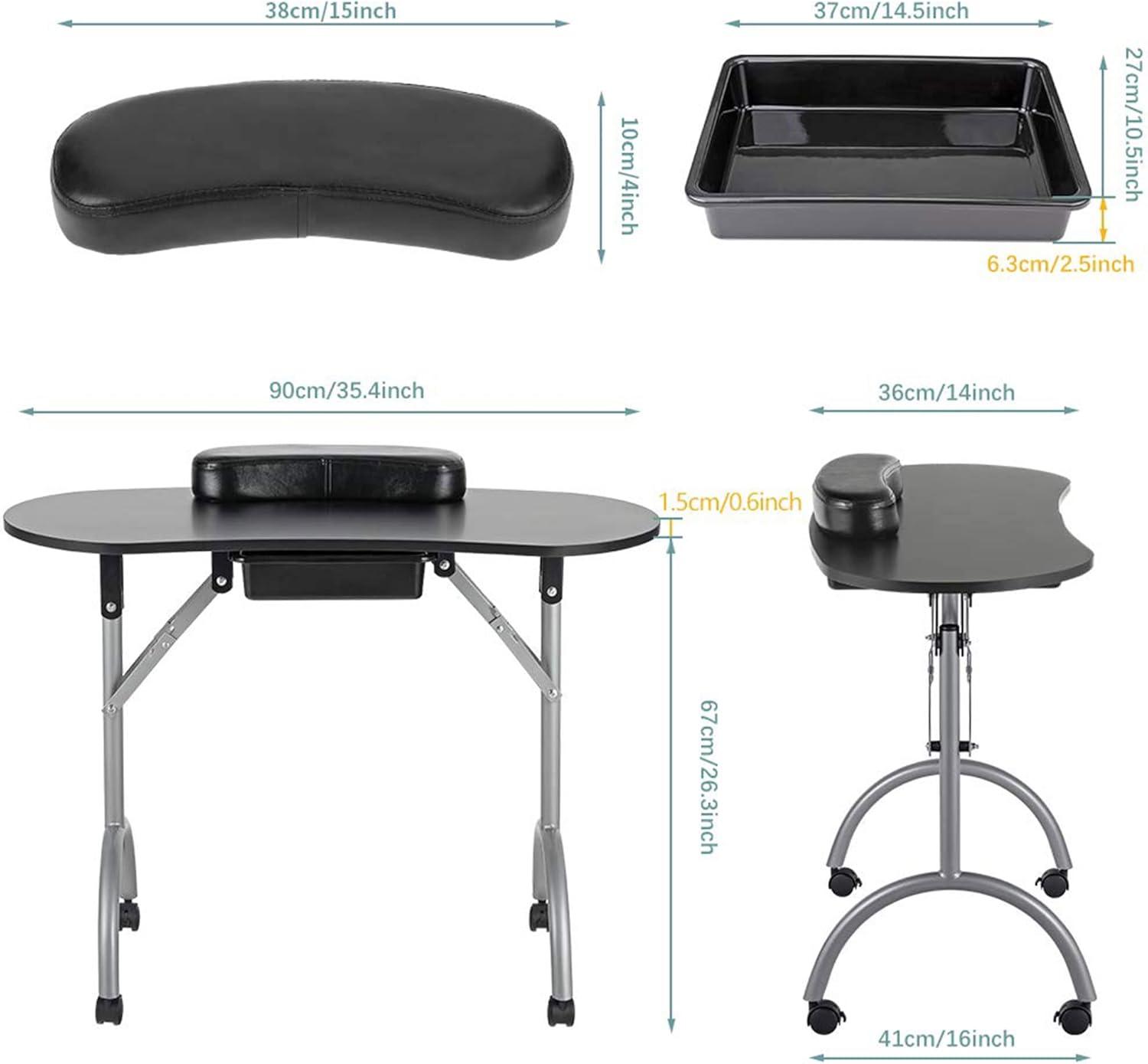 LEIBOU Professional 36''L Portable & Foldable Manicure Table Nail Technician Desk Workstation Manicure Table with Rolling Wheels,Drawer,Sponge,Free Carrying bag (Black)