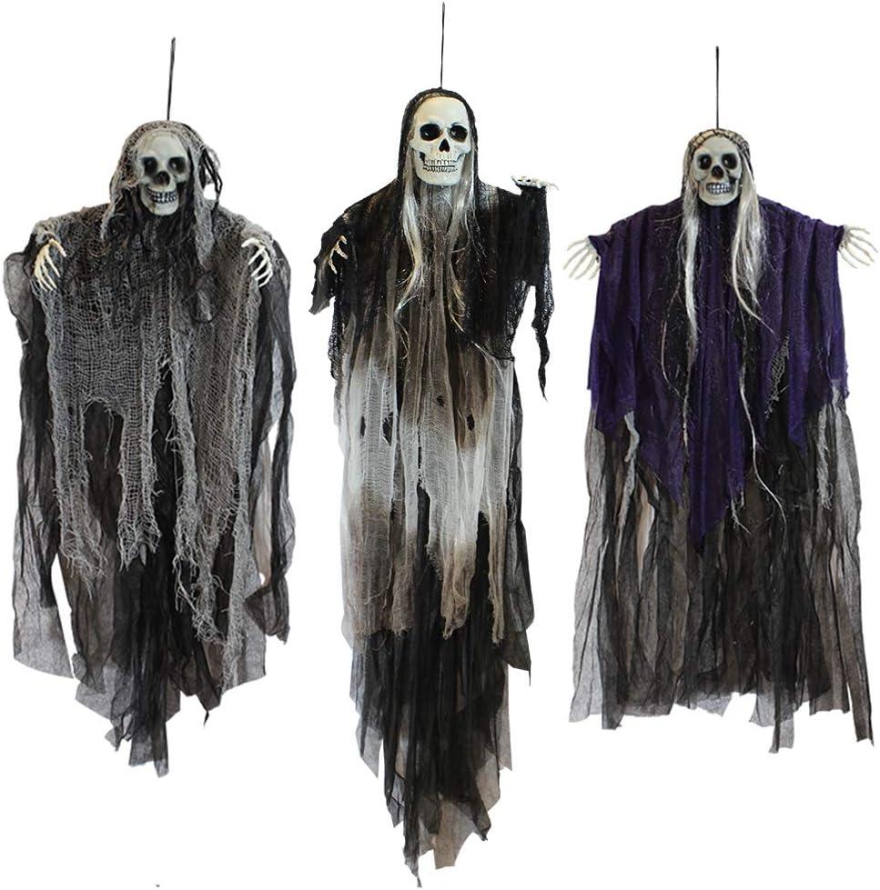 Nmdmisc 3 Pack Hanging Halloween Skeleton Ghosts Decorations,Halloween Hanging Ghost Electric Luminous Horror Decorations Haunted House Confidential Room Scene Layout Outdoor Hanging Props