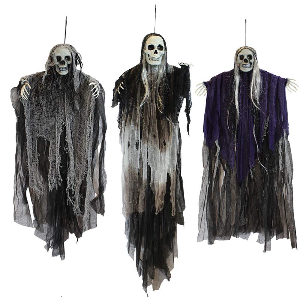 Nmdmisc 3 Pack Hanging Halloween Skeleton Ghosts Decorations,Halloween Hanging Ghost Electric Luminous Horror Decorations Haunted House Confidential Room Scene Layout Outdoor Hanging Props
