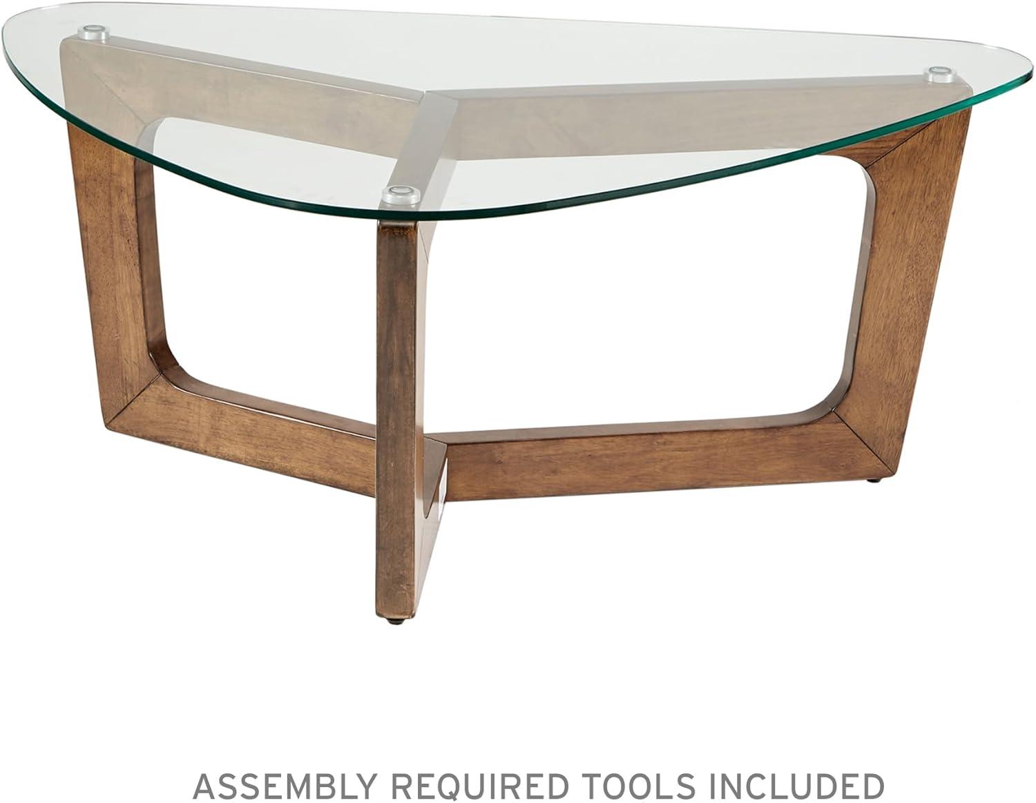 Triangular Pecan Wood Coffee Table with Glass Top