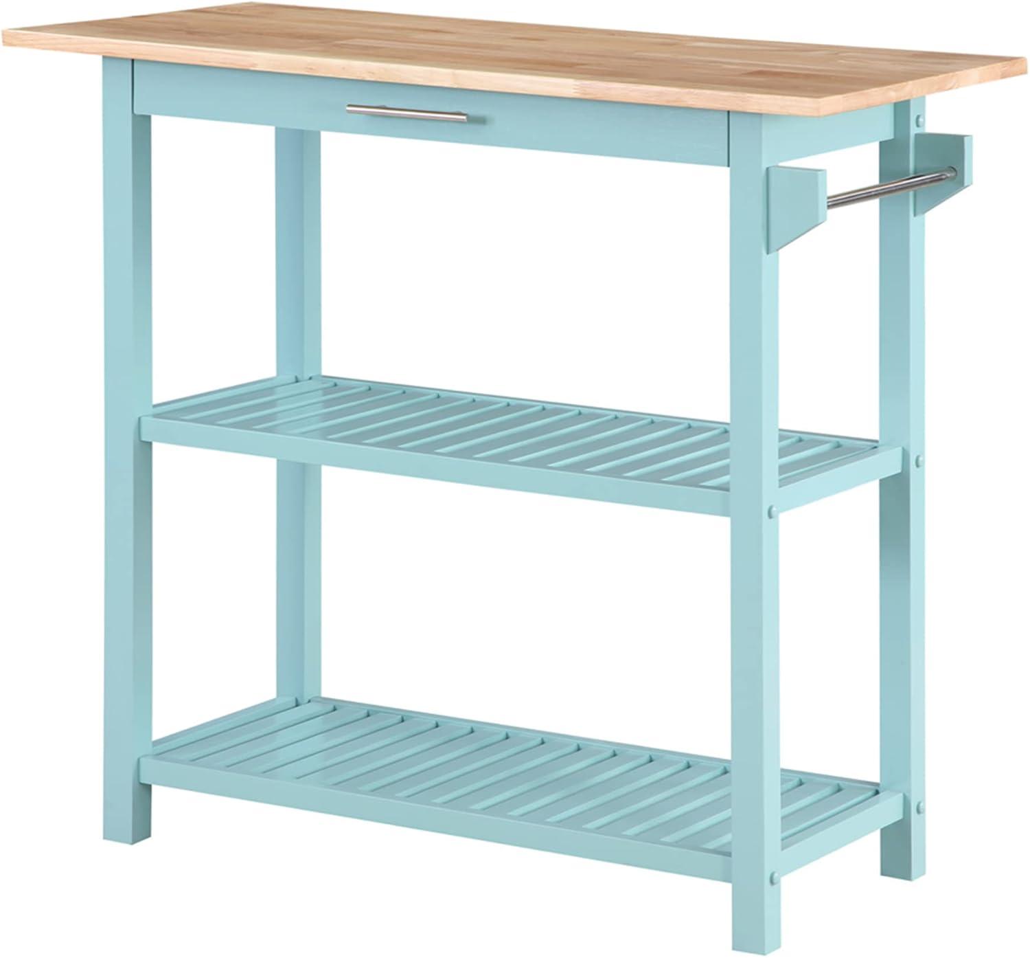 Convenience Concepts Designs2Go 3 Tier Butcher Block Kitchen Prep Island Cart with Drawer, Sea Foam Blue/Butcher Block