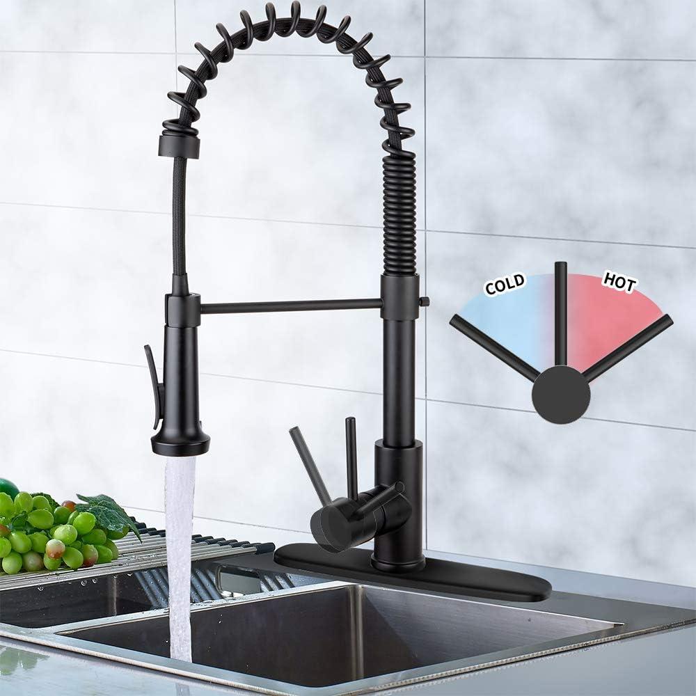 Matte Black Kitchen Faucet with Pull Down Sprayer, 3-Function Spring Swivel Kitchen Sink Brass Single Handle Single Hole Kitchen Mixer Tap for Hot and Cold Water