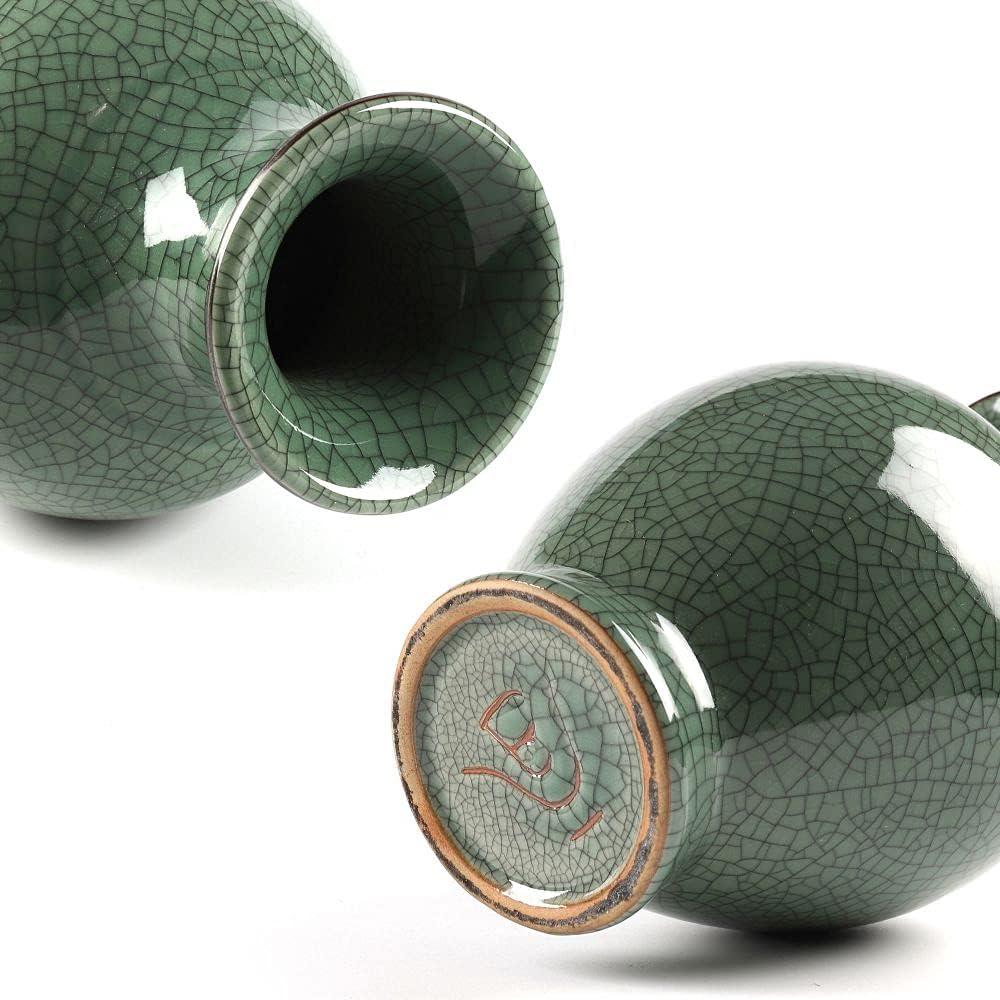 Green Ceramic Vase for Home Decor, Rustic Oriental Vases, Glazed Decorative Farmhouse Vase for Mantel, Table, Bookshelf, Living Room Decoration(Green)