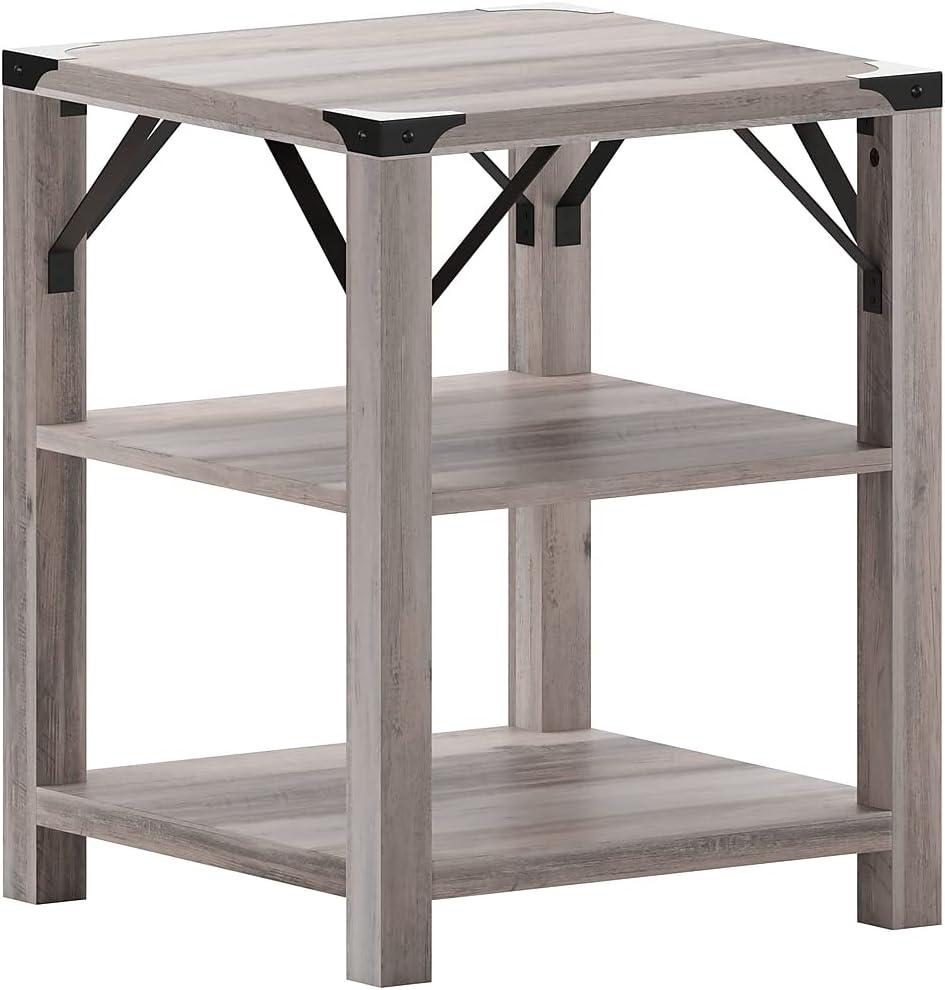 Flash Furniture Wyatt Modern Farmhouse Wooden 3 Tier End Table with Metal Corner Accents and Cross Bracing