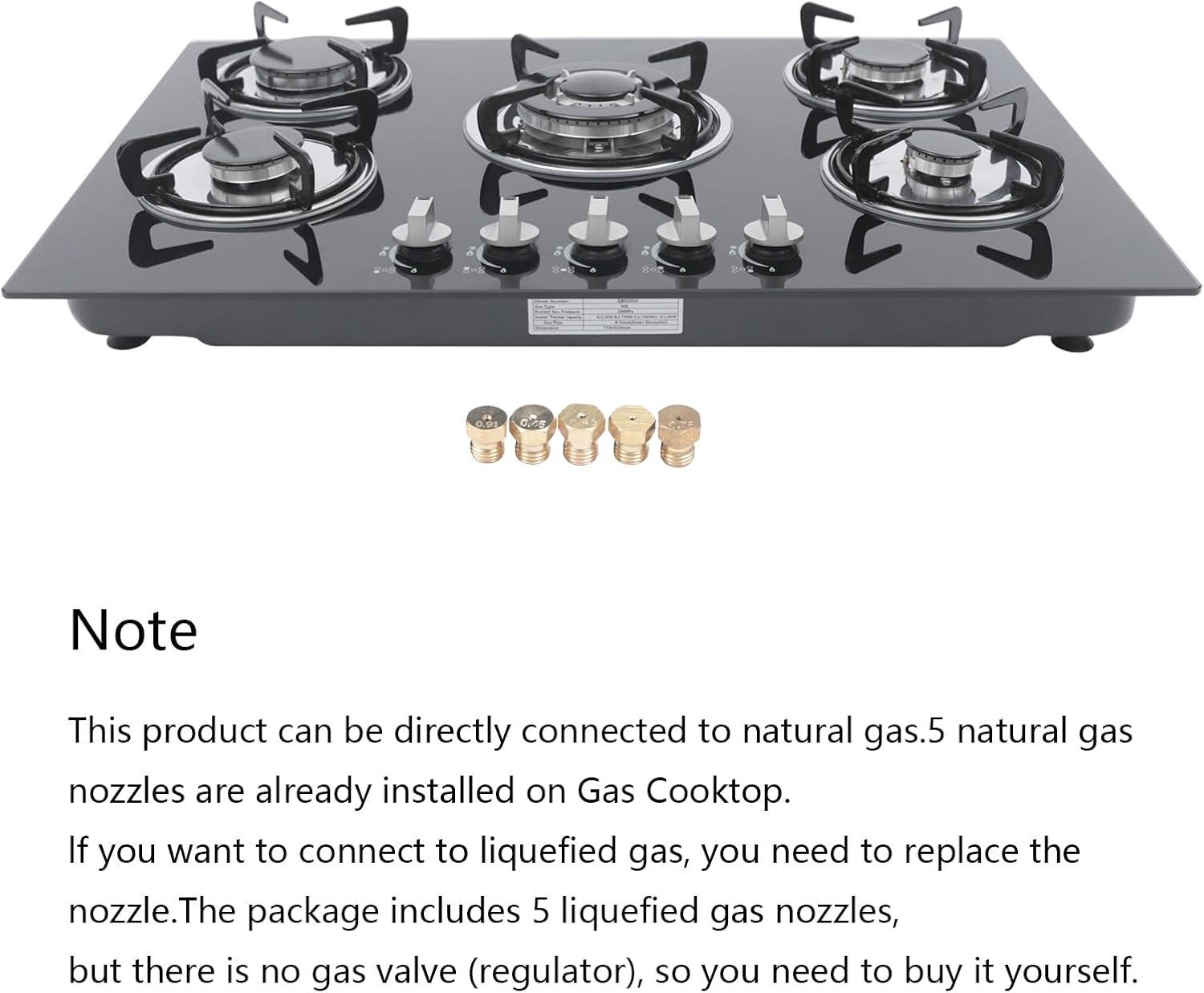 30"  Gas Stove Cooktop, 5 Burners Built-in Tempered Glass LPG/NG Stove with Flameout Protection for Kitchen Black