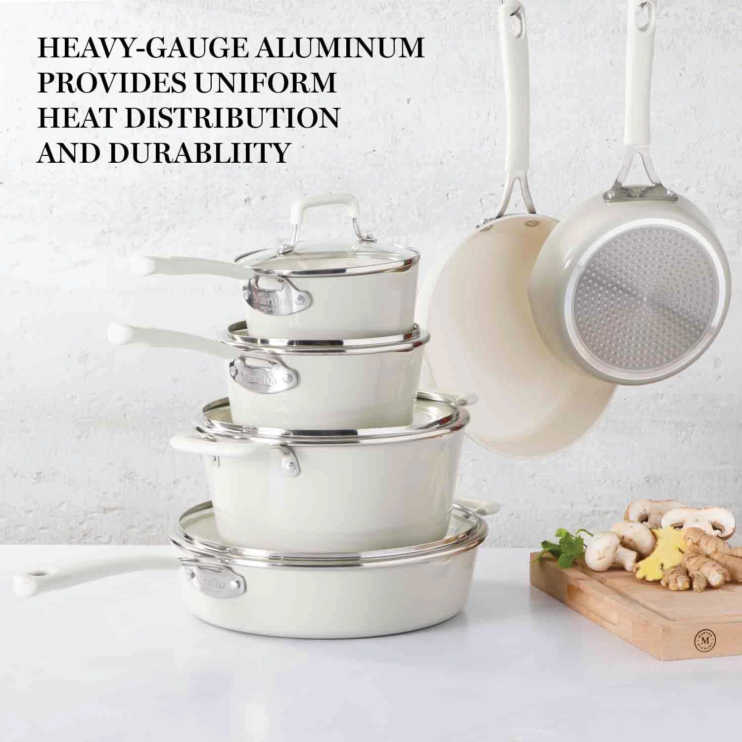 Linen White 10-Piece Nonstick Aluminum Cookware Set with Ceramic Interior