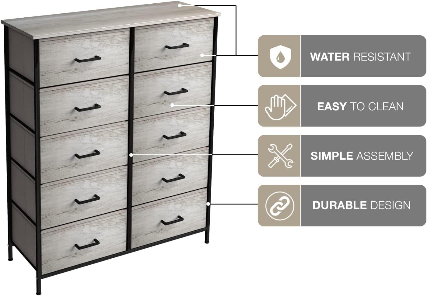 Sorbus Greige 10-Drawer Dresser with Faux Wood Bins & Steel Frame