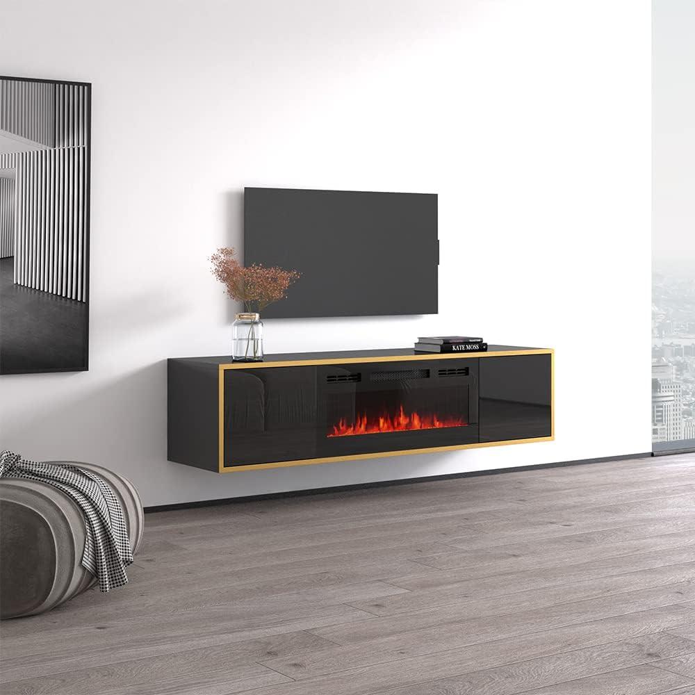 Goldie BL-EF Floating Fireplace TV Stand for TVs up to 75", Modern High Gloss 65" Entertainment Center, Wall Mounted Electric Fireplace TV Media Console with Storage Cabinets