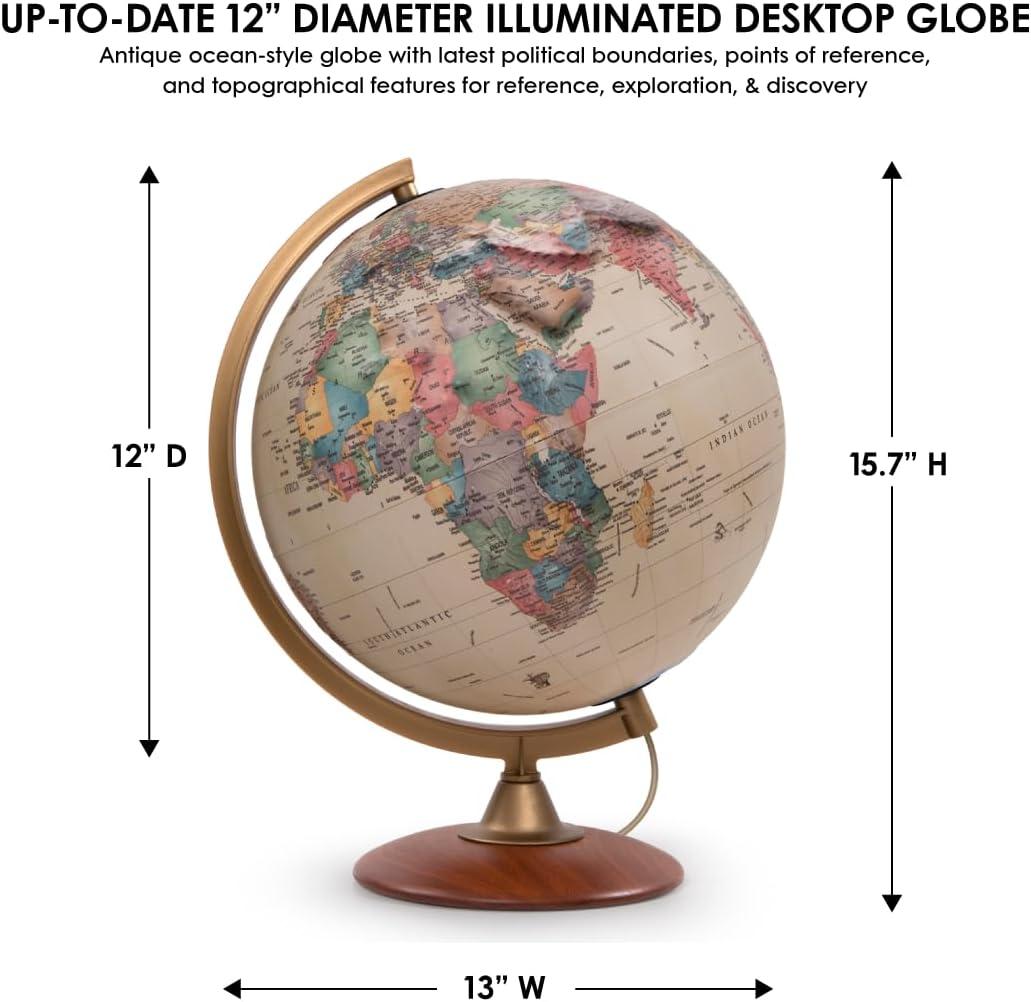 Colombo Antique Physical Relief Globe - Waypoint Geographic: 12" Diameter, Beige, Political Boundaries, Major Cities