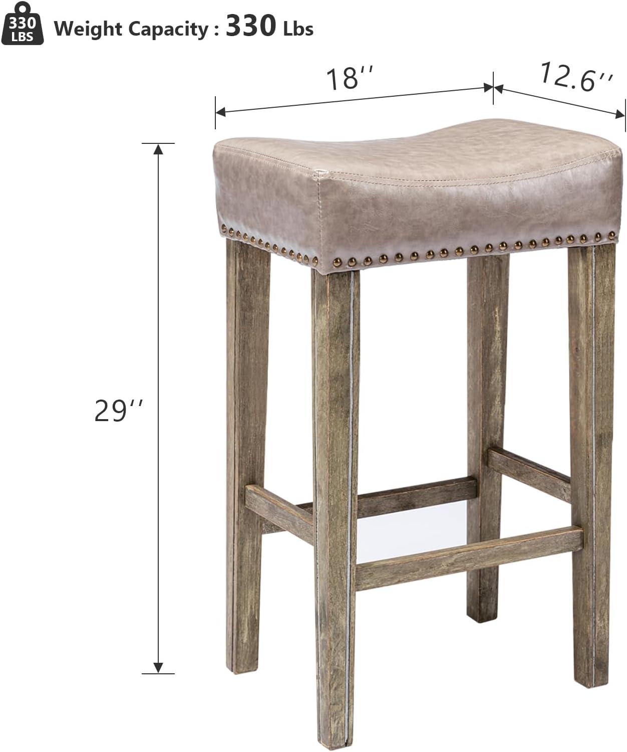 Bar Stools Set of 2, 26" Faux PU Leather Upholstered Counter Height Backless Saddle Stools with Nailhead Trims and Solid Wood Legs Farmhouse Island Chairs for Kitchen Dining Room Pub, Gray