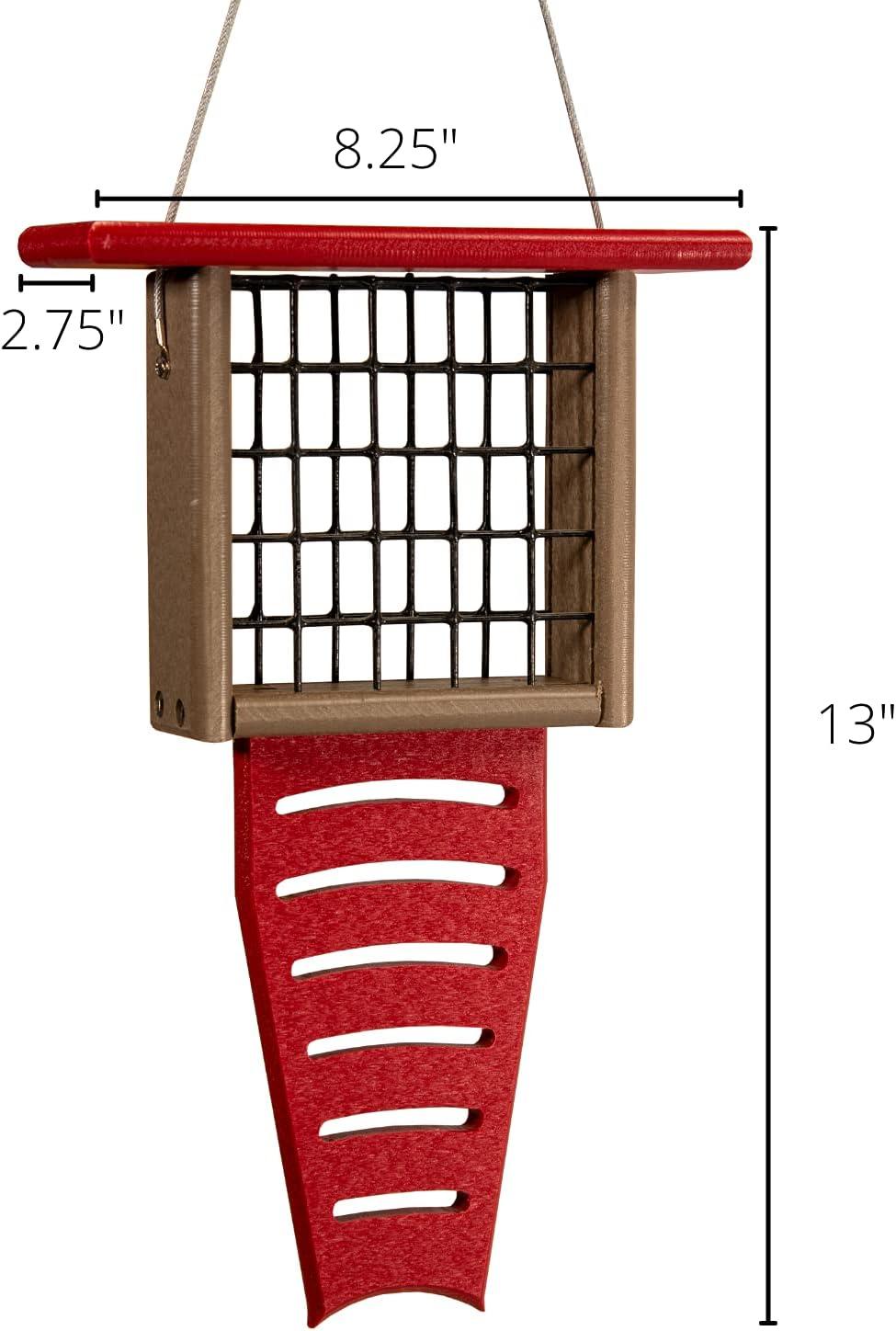 JCs Wildlife Red/Tan Recycled Poly Lumber Single Suet Feeder Tail Prop Bird Feeder - Holds 1 Suet Cake - Long Lasting Suet Cage Feeder