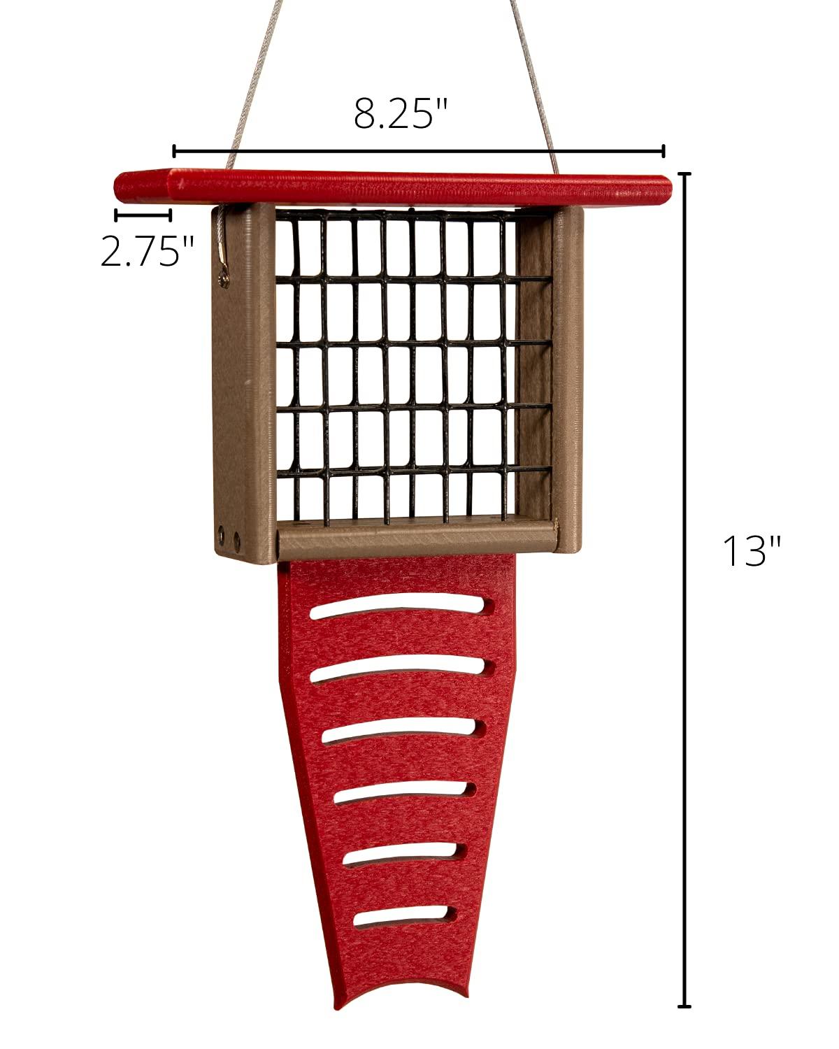 JCs Wildlife Red/Tan Recycled Poly Lumber Single Suet Feeder Tail Prop Bird Feeder - Holds 1 Suet Cake - Long Lasting Suet Cage Feeder
