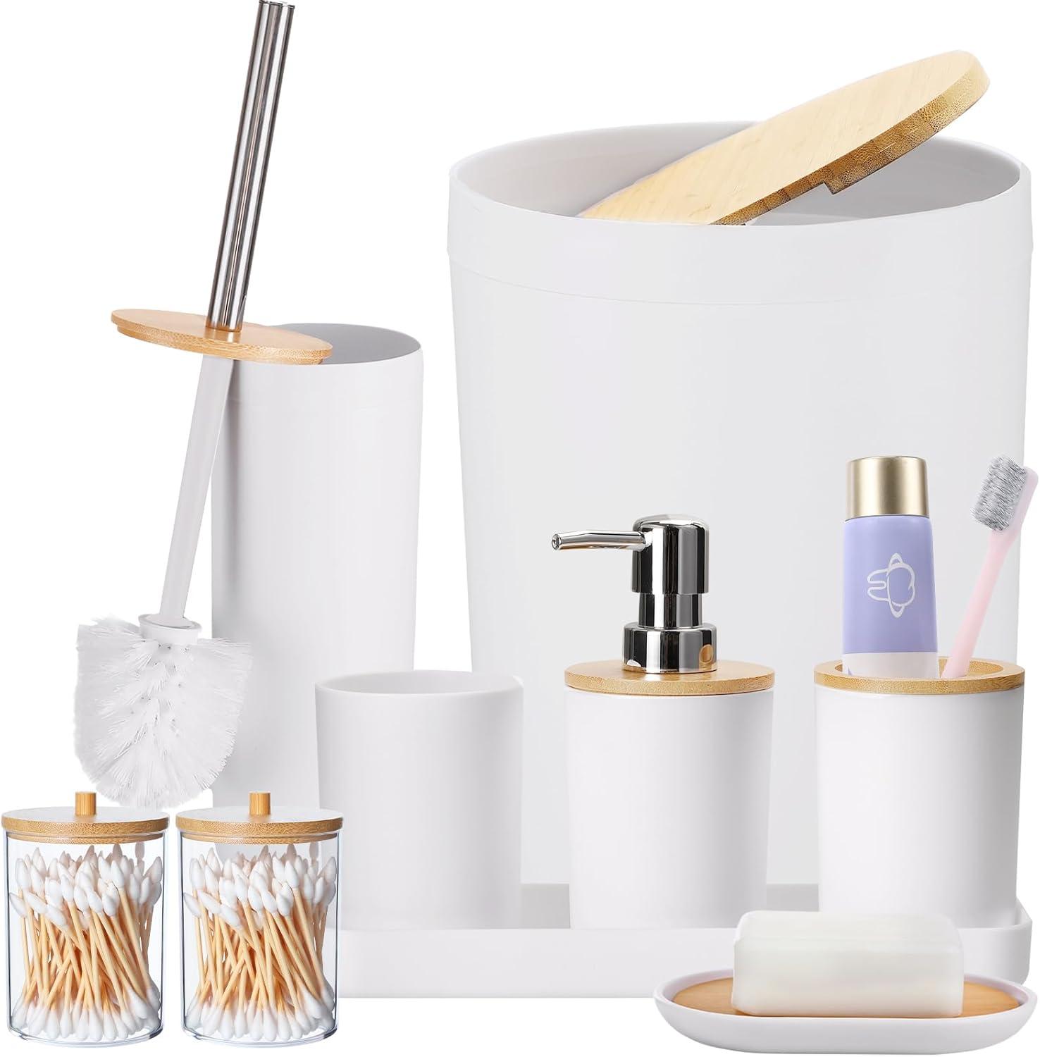 White Plastic 9-Piece Bathroom Accessory Set with Bamboo Accents