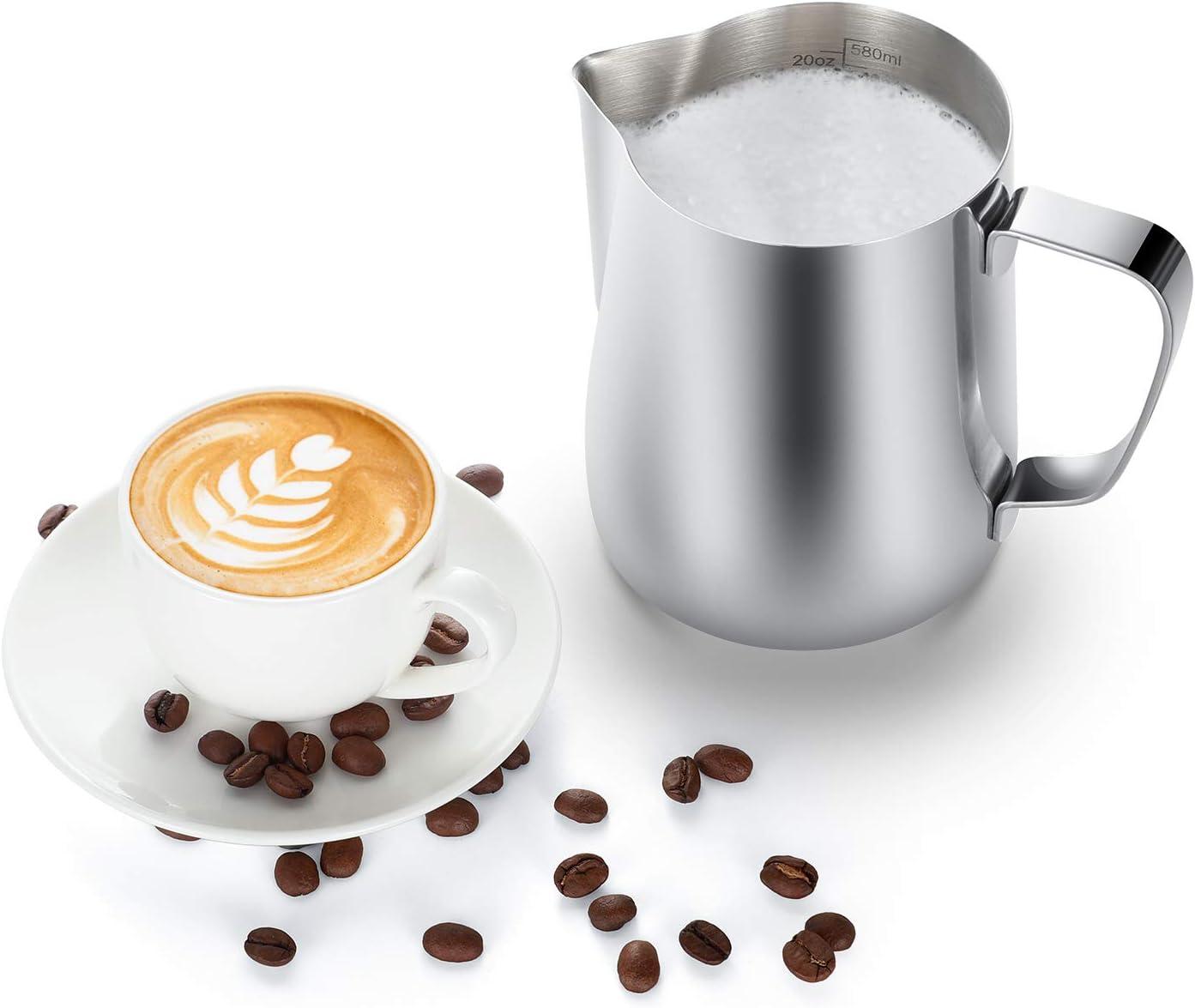 Milk Frothing Pitcher, 20oz Stainless Steel Milk Frother Cup Steaming Pitcher, Coffee Bar Cappuccino Espresso Machine Accessories Barista Tools, Metal Pitcher Milk Jug with Decorating Latte Art Pen