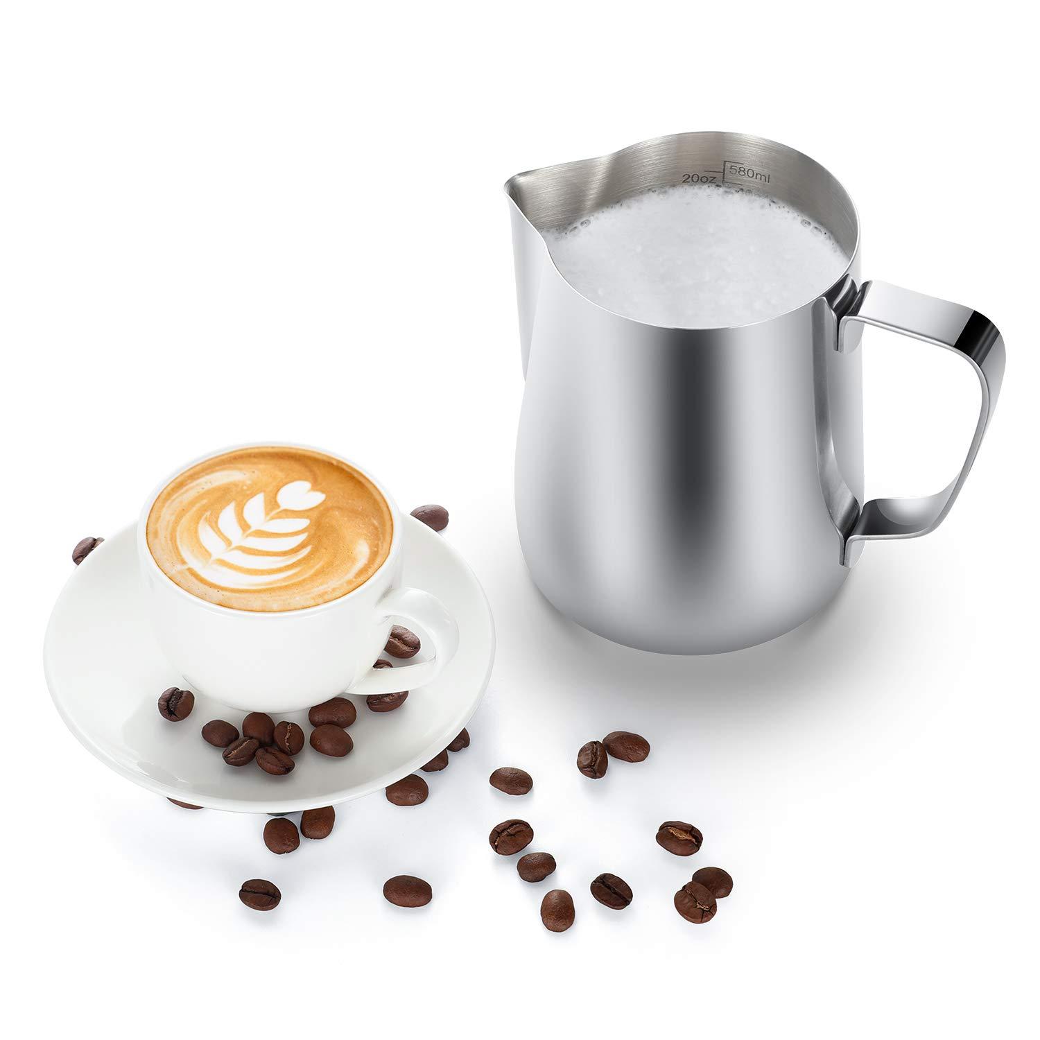 Milk Frothing Pitcher, 20oz Stainless Steel Milk Frother Cup Steaming Pitcher, Coffee Bar Cappuccino Espresso Machine Accessories Barista Tools, Metal Pitcher Milk Jug with Decorating Latte Art Pen