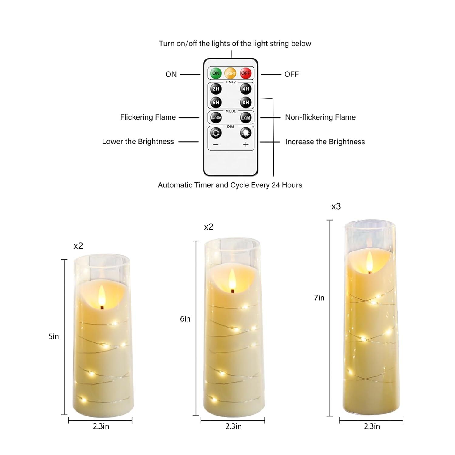 Flameless Candles with Embedded Star String, Battery Operated LED Pillar Candles with Timer and Remote Control,Home Decorating for Ambiance， Set of 9 (Ivory)