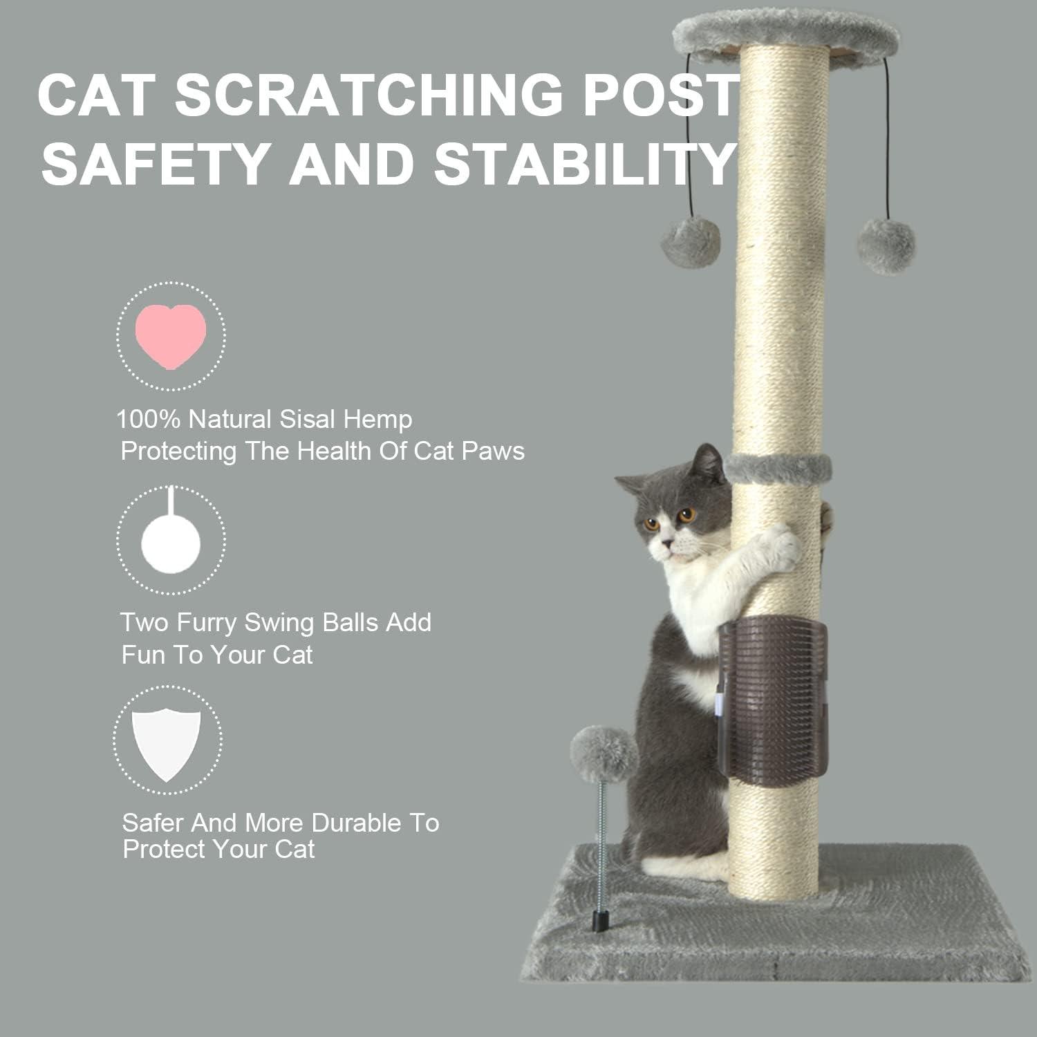32" Tall Cat Scratching Post Sisal Scratch Posts With Hanging Ball And Self-Massage Brush Vertical Scratcher For Indoor Cats And Kittens(32Inches)