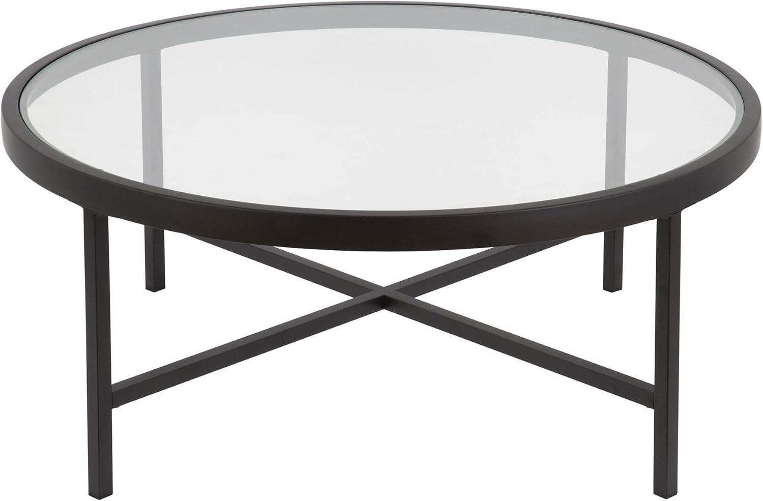 Evelyn&Zoe Xivil 36" Wide Round Coffee Table with Glass Top, Blackened Bronze