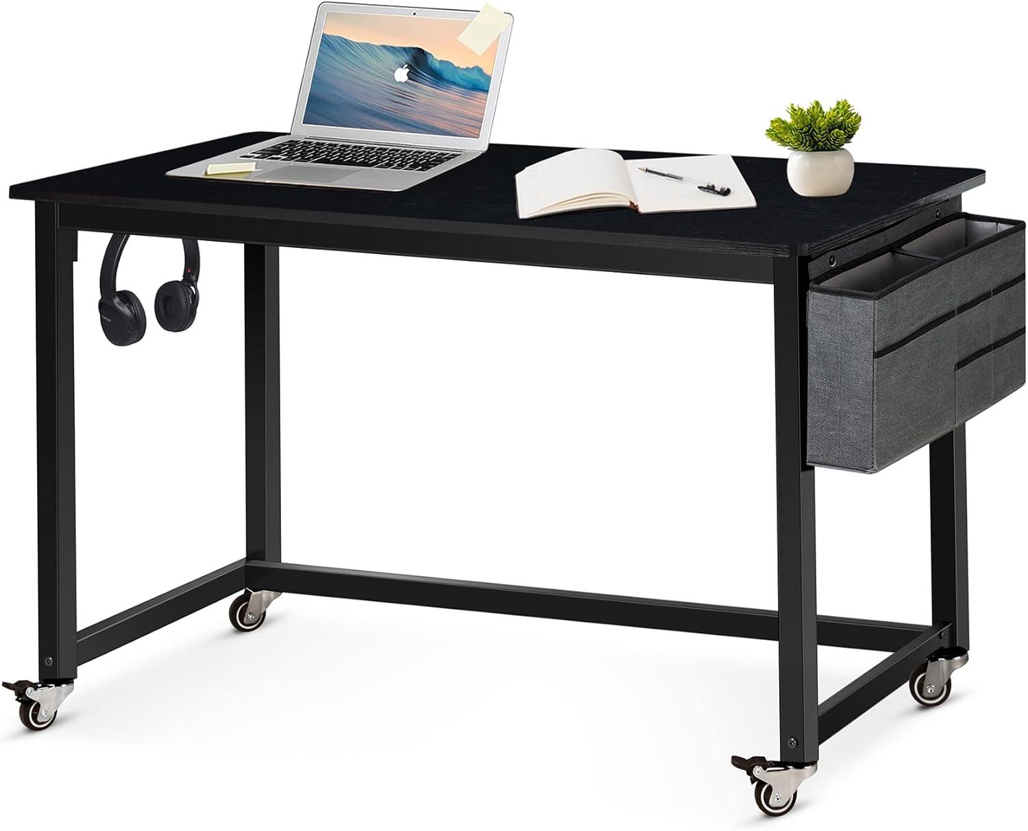 AHB 39" Rolling Computer Desk with 4 Smooth Wheels, Simple Style Mobile Writing Desk Home Office Study Table Movable Workstation with Metal Frame