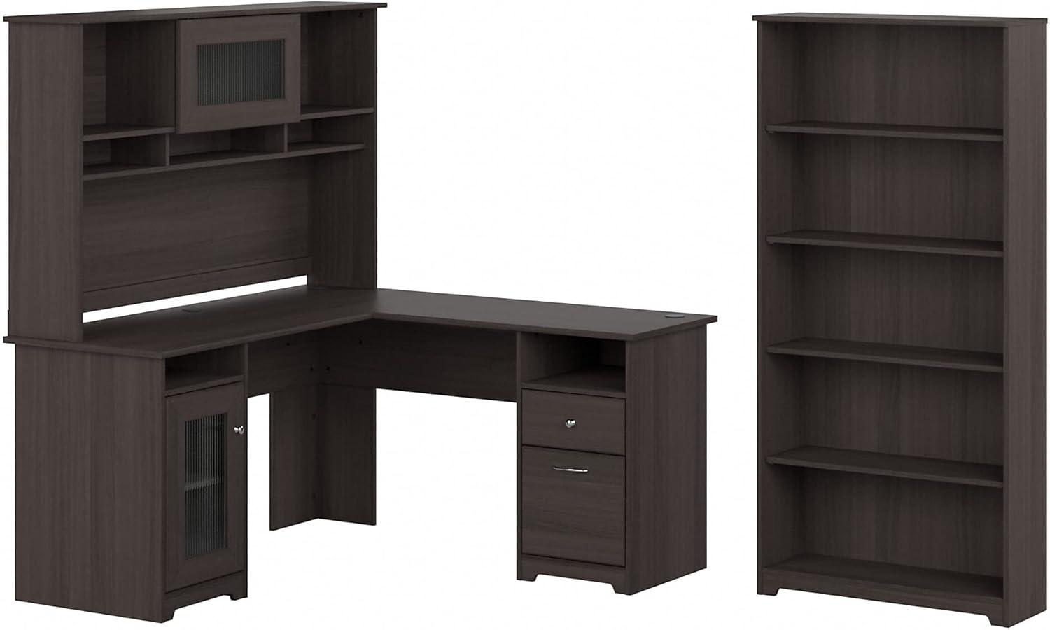 Heather Gray L-Shaped Computer Desk with Hutch and 5-Shelf Bookcase