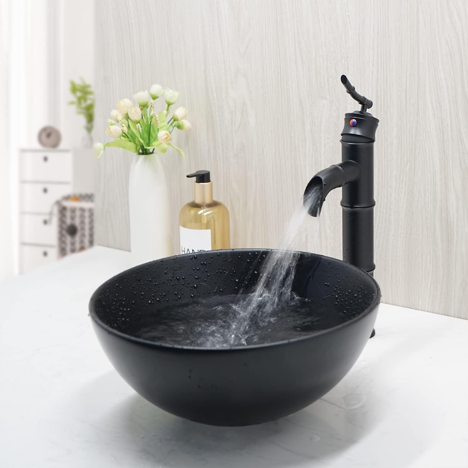 Black Round Ceramic Vessel Sink with Bamboo Faucet