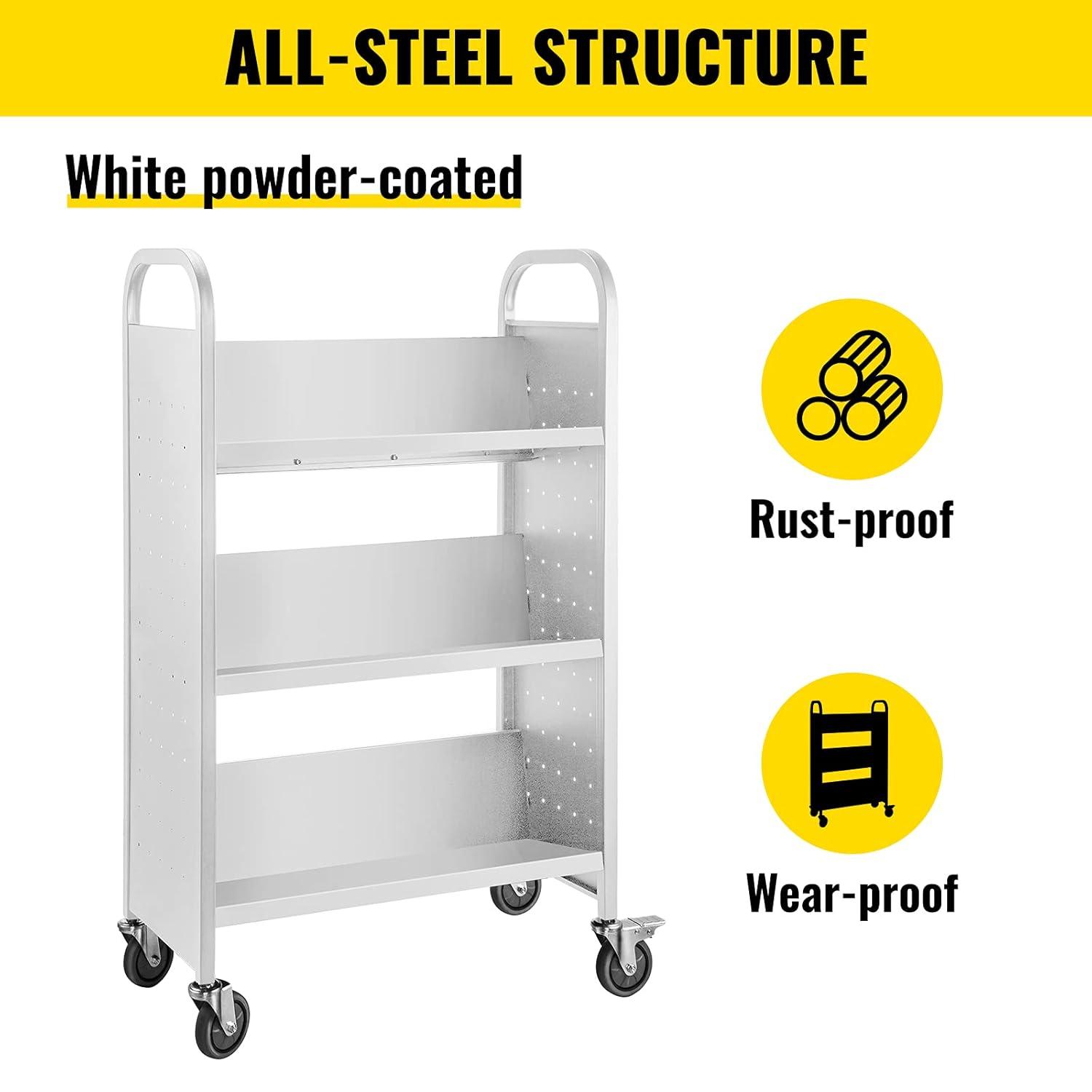 VEVOR Book Cart, 200lbs Library Cart, 30x14x49 Inch Rolling Book Cart Single Sided V-Shaped Sloped Shelves with 4 Inch Lockable Wheels, for Home Shelves Office and School Book Truck in Black