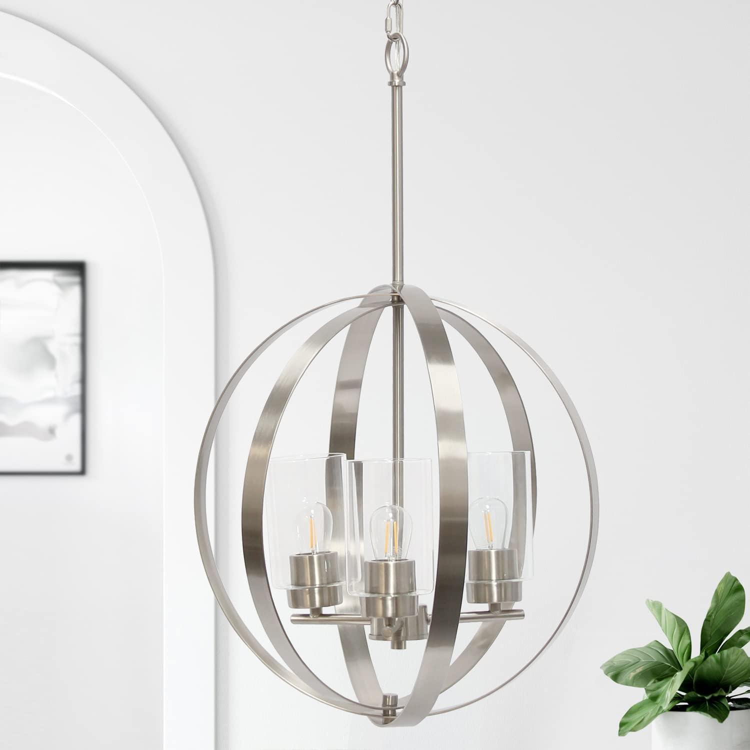 18" Adjustable 3Lt Metal and Clear Glass Hanging Ceiling Pendant Brushed Nickel