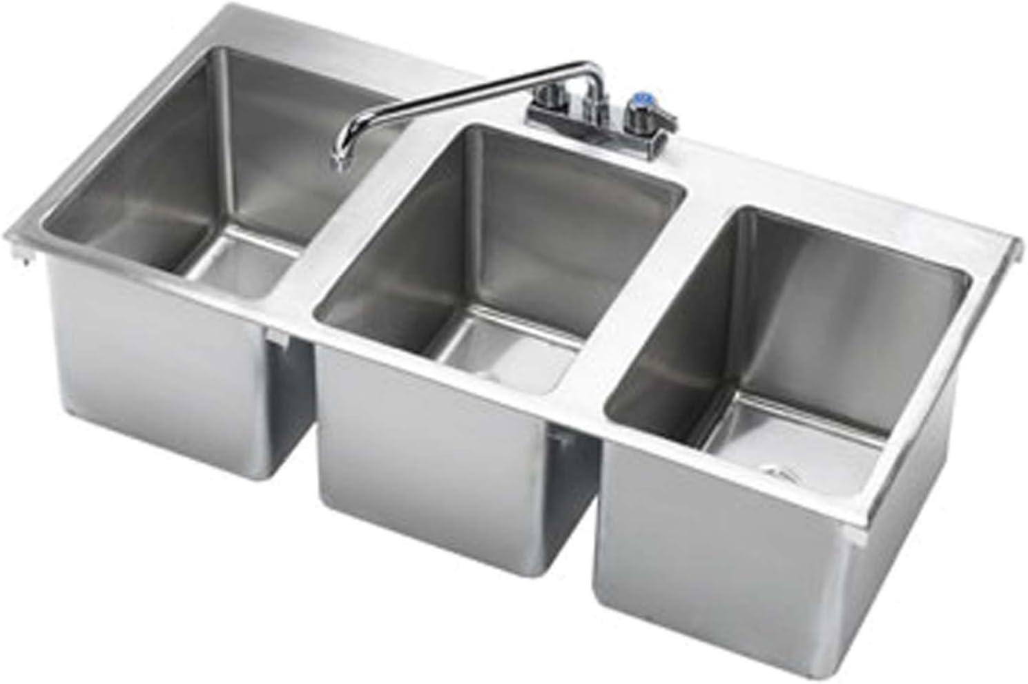 Krowne HS-3819 Heavy-Duty Triple Compartment Drop-in Hand Sink with Center Deck-Mount Gooseneck Swing Spout Faucet for Commercial Restaurant Kitchen | 36"W x 18"D x 10"H Overall, Stainless Steel, NSF