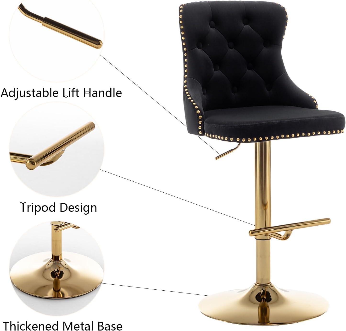 Black Velvet Adjustable Swivel Bar Stools with Gold Base