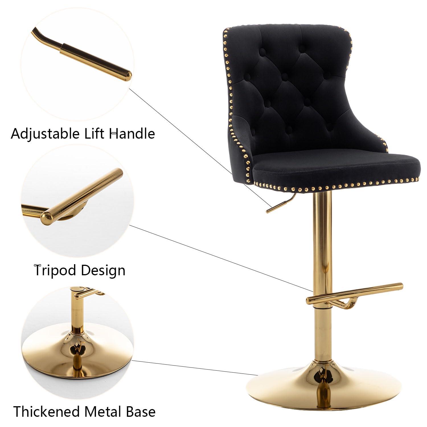Gold Velvet Bar Stools Set of 2, Swivel Counter Height Bar Stools with Nailheads Trim and Button, Adjustable Barstools for Kitchen Island, Pub, Club (Black)