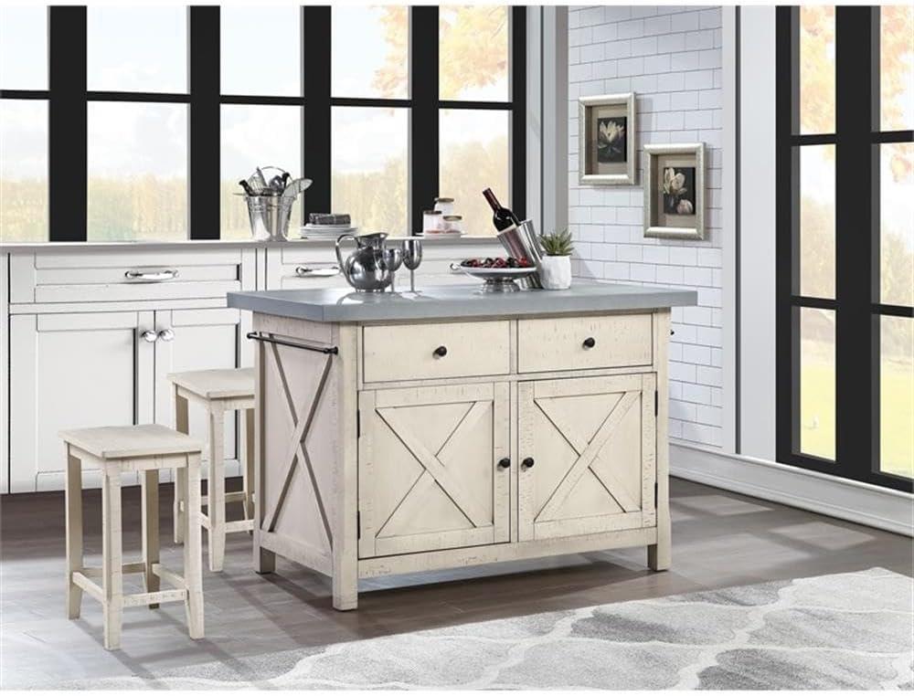 OSP Furniture Nashville Kitchen Island with Cement like Grey Top and 2 Stools