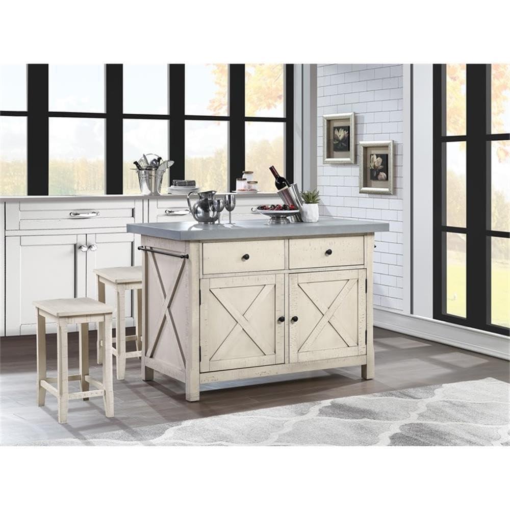 OSP Furniture Nashville Kitchen Island with Cement like Grey Top and 2 Stools