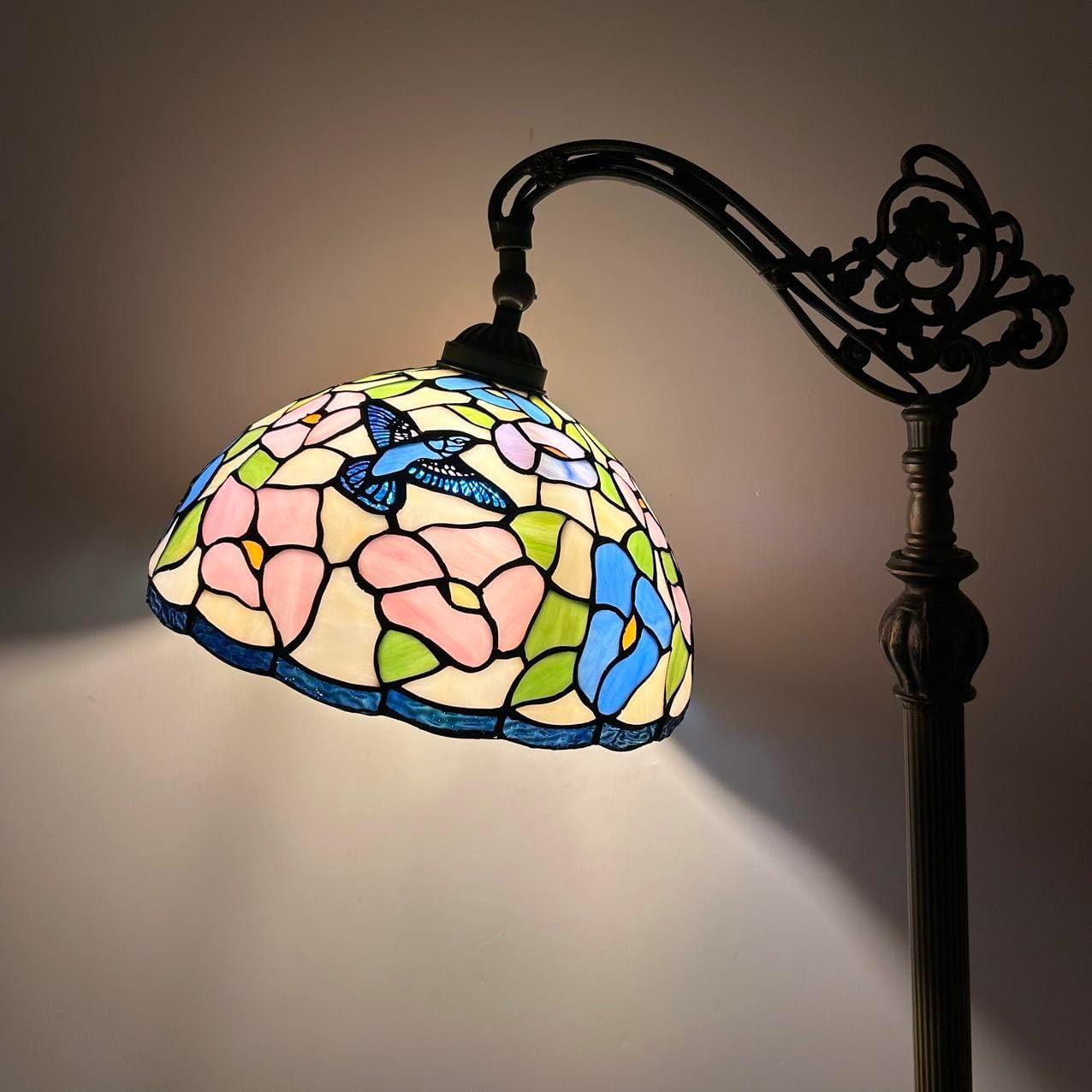 Tiffany Floor lamps Pink blue stained glass Hummingbird Flowers LED Bulb Included Gooseneck Adjustable Corner Standing Reading Light for Living Room Bedroom 20"W*12"D*63"H