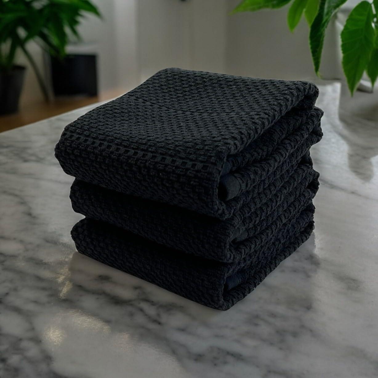 Serafina Home Black Textured Kitchen Dish Towels 100% Cotton Cloth Soft Cleaning Drying Absorbent Terry Loop: Set of 3 Multipurpose for Everyday Use