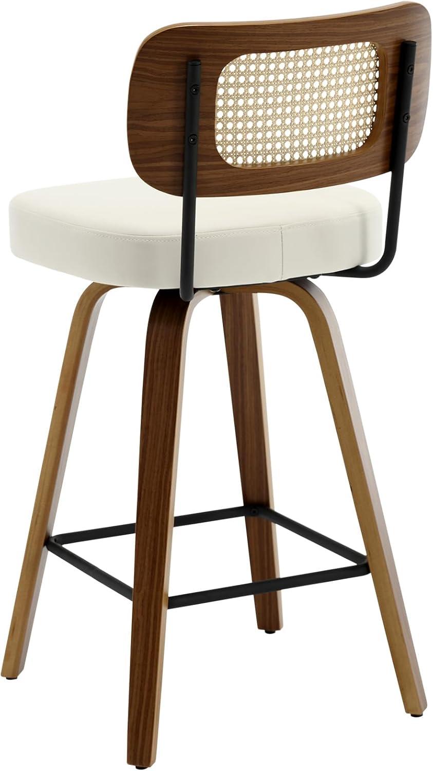 INKEDZ Swivel Counter Height Bar Stools Set of 3, Upholstered Faux Leather Barstools with Rattan Back, 26" Seat Height Bar Chairs for Kitchen Island, Bentwood Wood Frame, Cream White