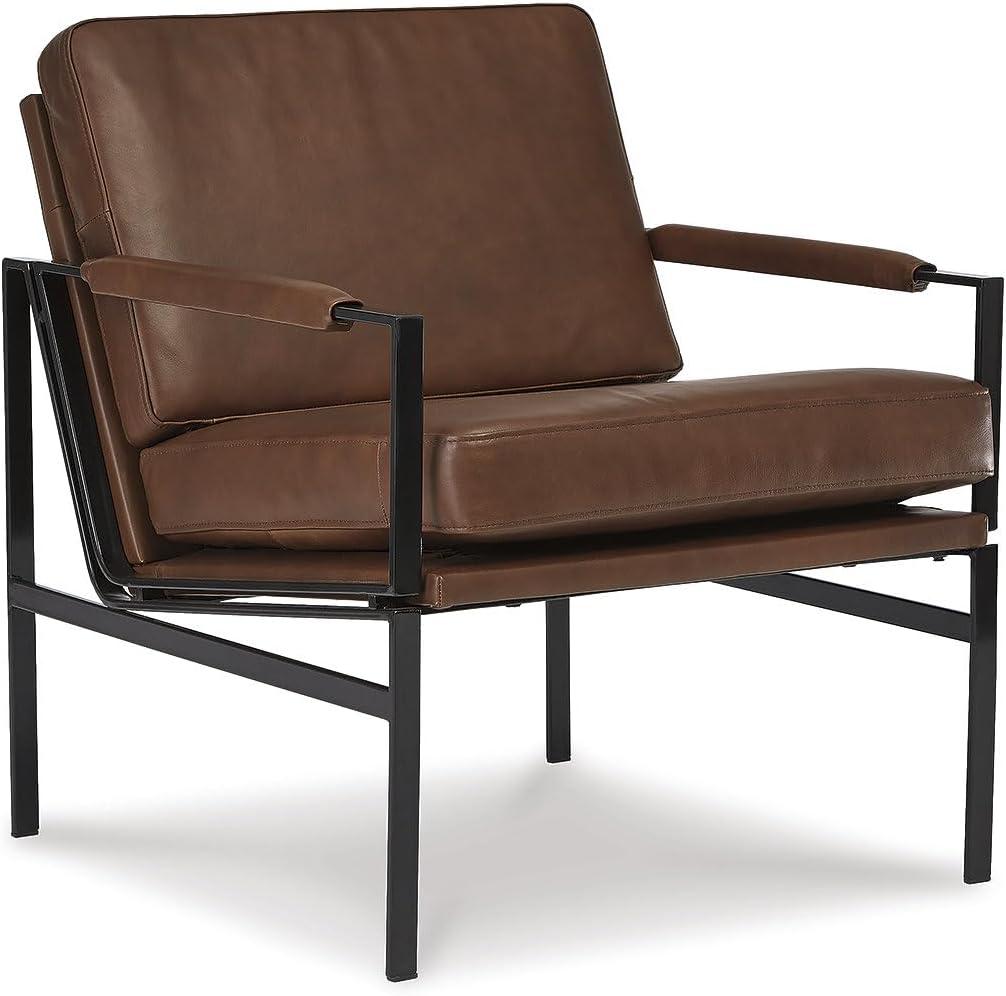 Contemporary Brown Leather Accent Chair with Silver Finish