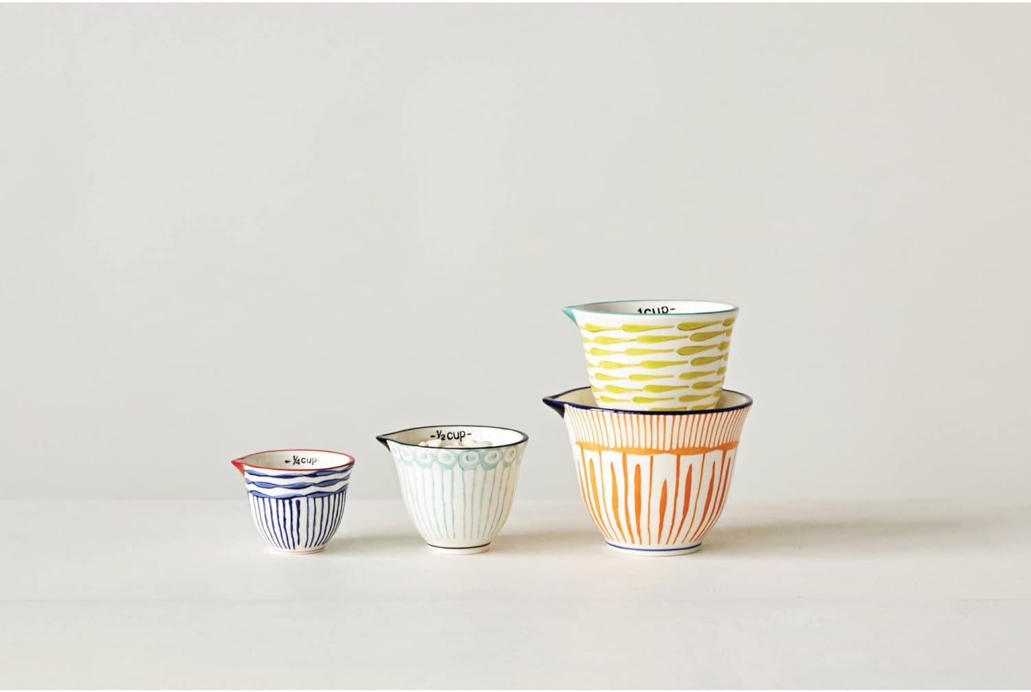 Creative Co-Op Hand Stamped Striped Stoneware Measuring Cups (Set of 4 Sizes/Designs)