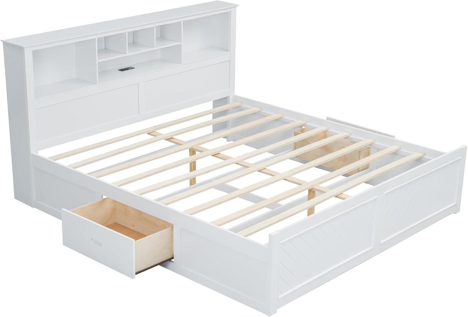 Harper & Bright Designs King Size Platform Bed with Bookcase Headboard and Storage Drawers, Wood King Storage Bed Frame with USB for Boys Girls Adults, White