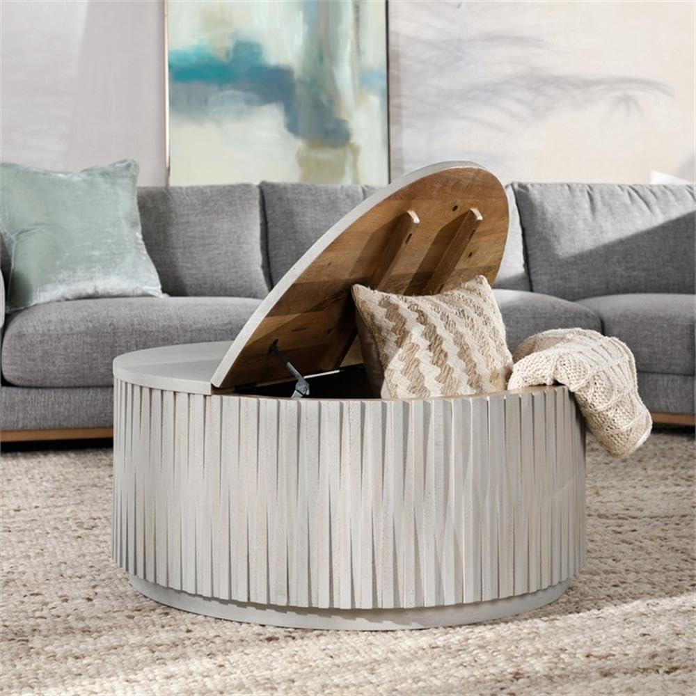 Sunbleached Gray Round Mango Wood Lift-Top Coffee Table with Storage