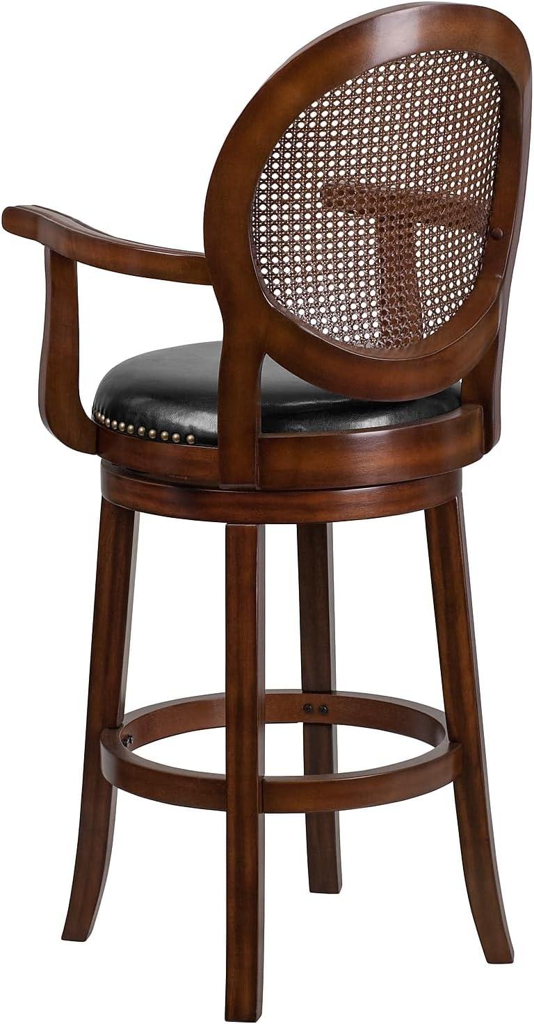 Flash Furniture 30'' High Expresso Wood Barstool with Arms, Woven Rattan Back and Black LeatherSoft Swivel Seat