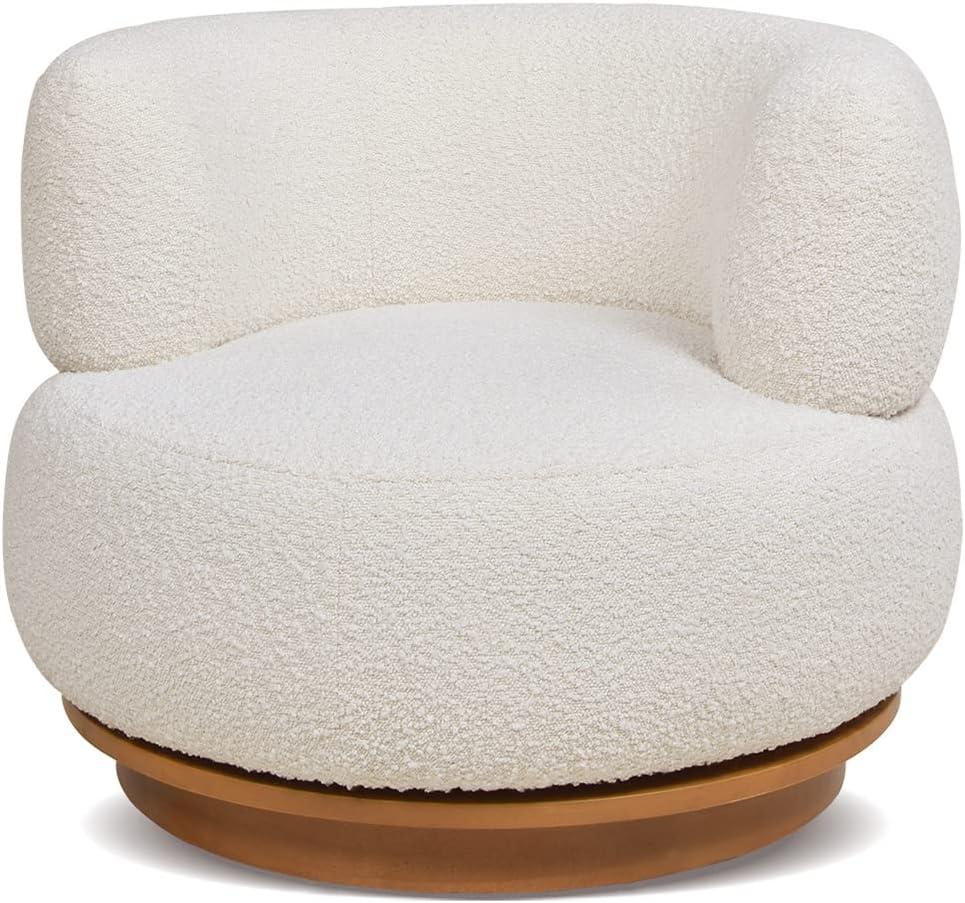 Ivory White Boucle Swivel Barrel Accent Chair with Wood Base