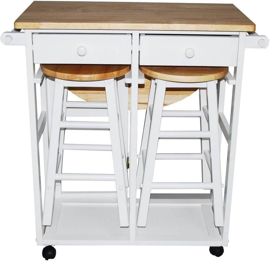 White Solid Wood Drop-Leaf Kitchen Cart with Storage