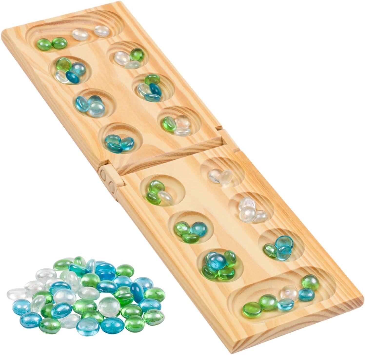 Foldable Wooden Mancala Board Game with Colorful Glass Stones