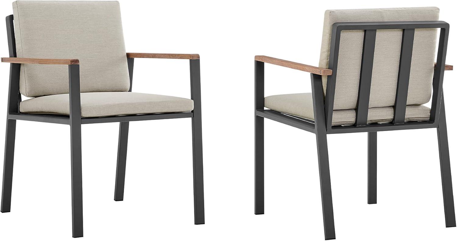 Armen Living Nofi Outdoor Patio Dining Chair in Charcoal Finish with Taupe Cushions and Teak Wood Accent Arms  - Set of 2