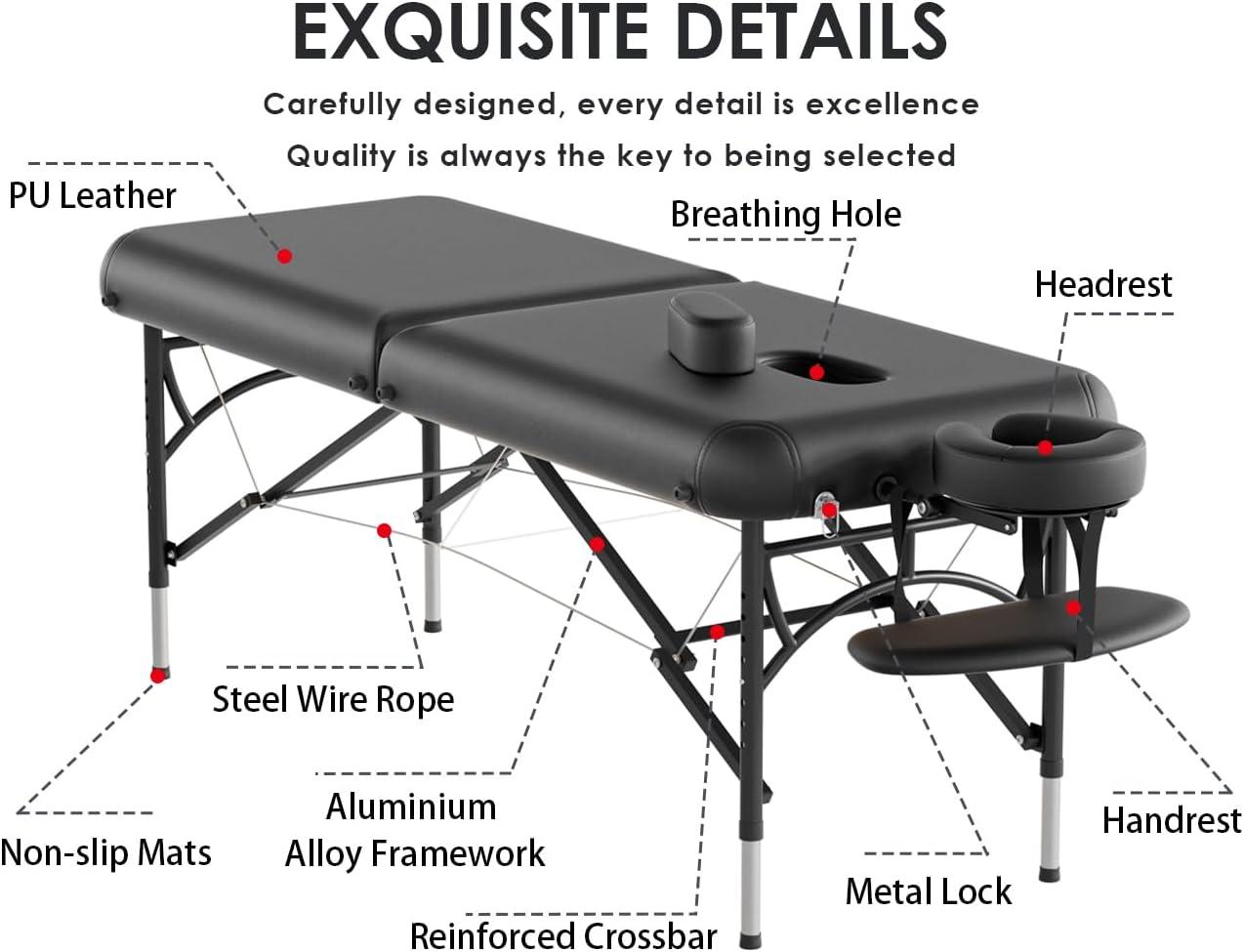 84" Black PU Leather Portable Massage Table with Aluminum Legs