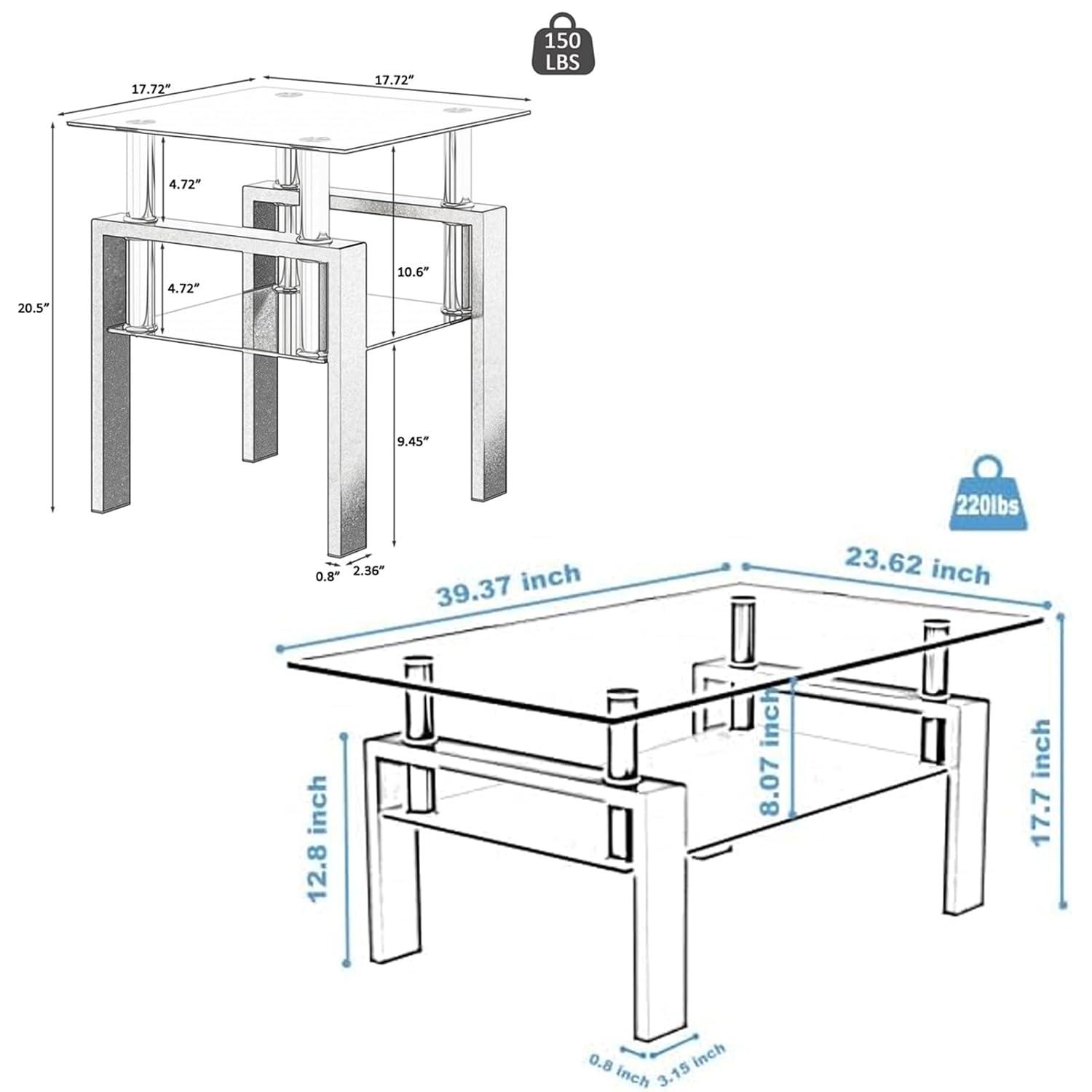 Glass Coffee Table Set of 3 Piece, Living Room Table Set of 3, Black Coffee Table and End Coffee Table Sets, Metal Frame (Black C, Set of 3)