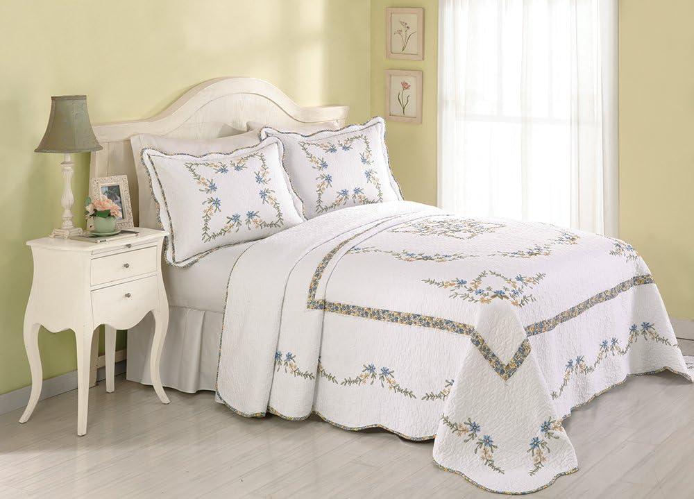 Heather Twin Blue Cotton Bedspread with Scalloped Edge