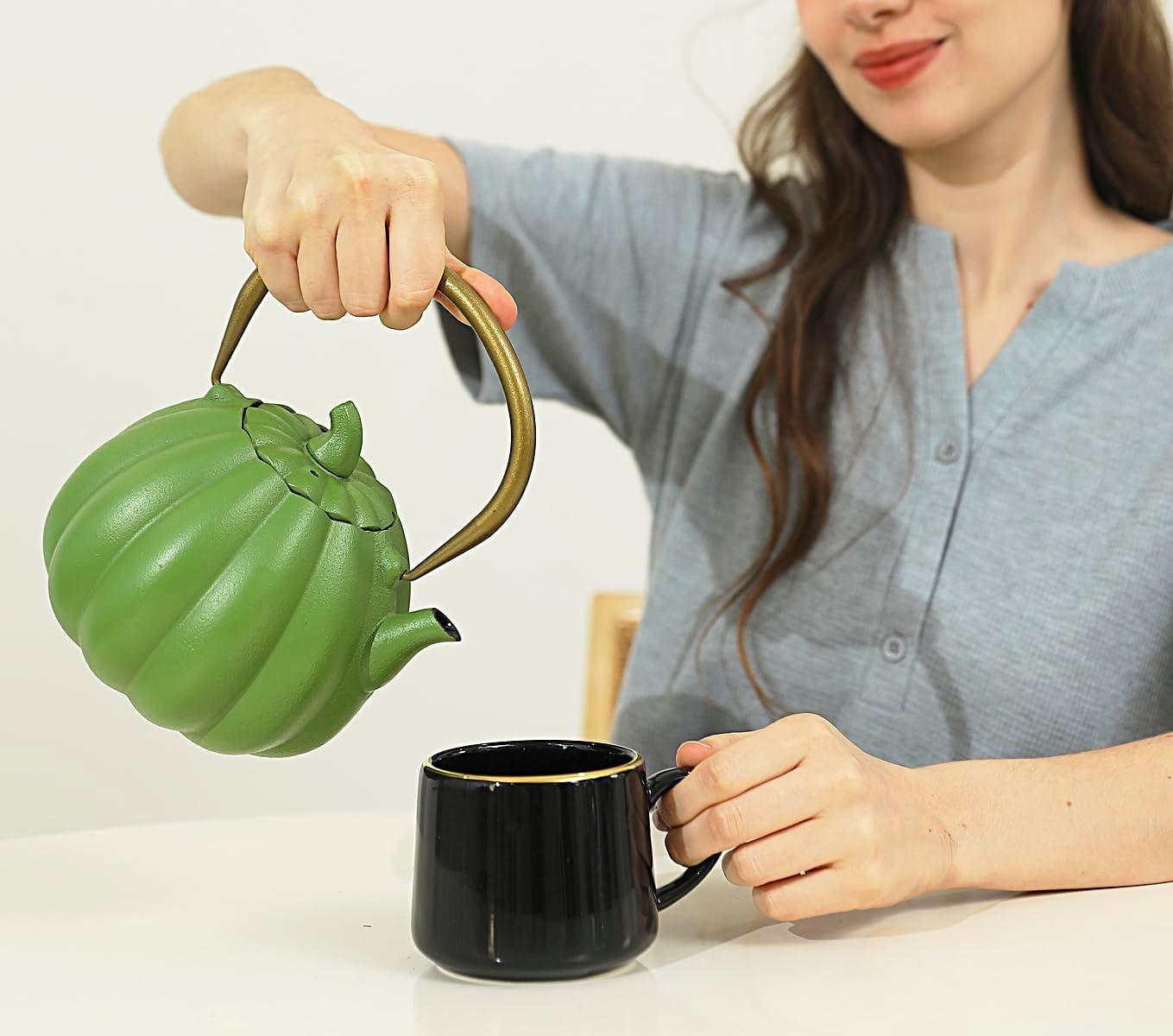 Ophelia & Co. Orange Pumpkin Cast Iron Teapot, Natural Pumpkin Color, Japanese Cast Iron Tea Kettle Stovetop Safe With Infuser, Creative Pumpkin Halloween Teapot(40Oz/1200Ml, Orange)