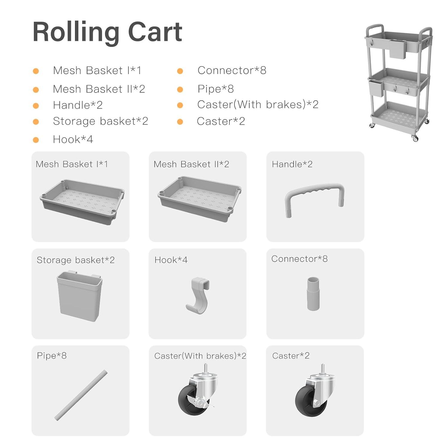 3 Tier Rolling Utility Cart with Handle,REBECAT Utility Cart Made of Multifunctional Storage Organizer Tool for Kitchen,Bathroom,Living Room,Office(Gray)