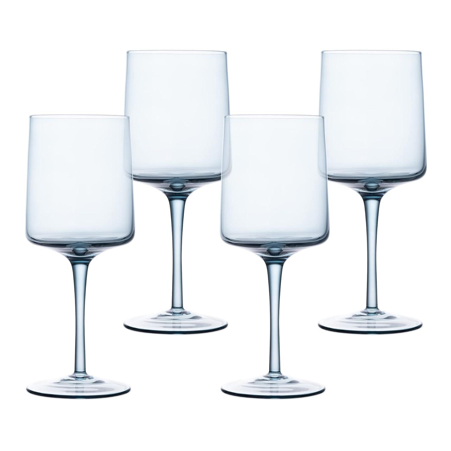 Navaris Blue Square Wine Glasses (Set of 4) - Colored Wine Glasses with Stems - Colored Glassware with Stem for Serving Wine, Cocktails, Beer, Dessert